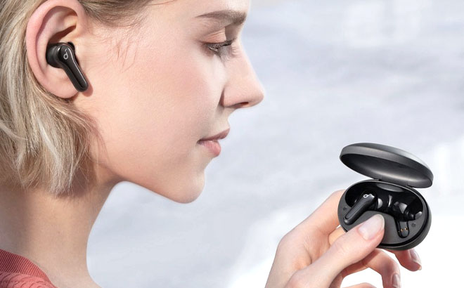 Woman is Using Anker Soundcore Life Note E True Wireless Earphones