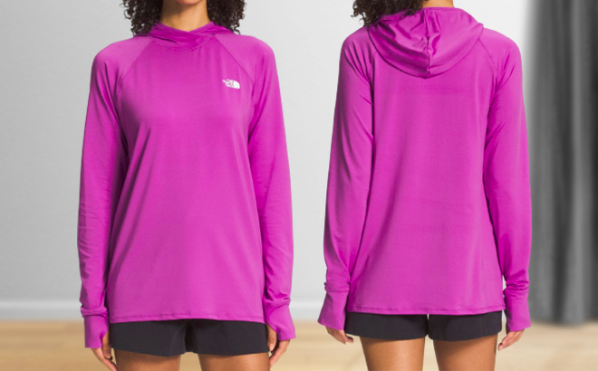 Woman is Wearing The North Face Water Hoodie in Purple Cactus Flower color