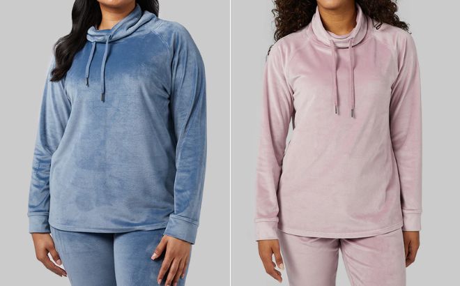 Woman is Wearing a 32 Degrees Soft Velour Funnel Neck Top in Blue Spot color on the left side and in Mauve Shadows color on the right side