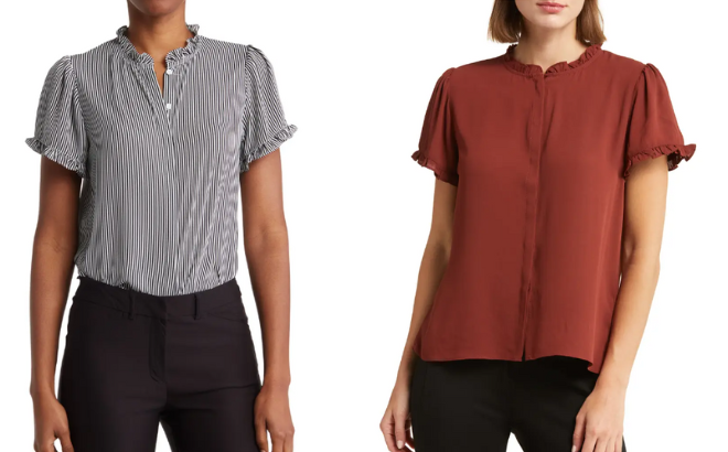 Woman is Wearing a Covered Ruffle Neck Placket Short Sleeve Top in Navy color with White Stripes on the left side and on the right side in Earthen Red color