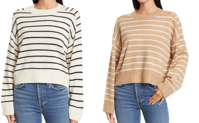 Woman is Wearing a Saddle Stripe Long Sleeve Sweater in Cream color with Black stripes on the left and on the right side in Khaki color with Snow Globe Stripes