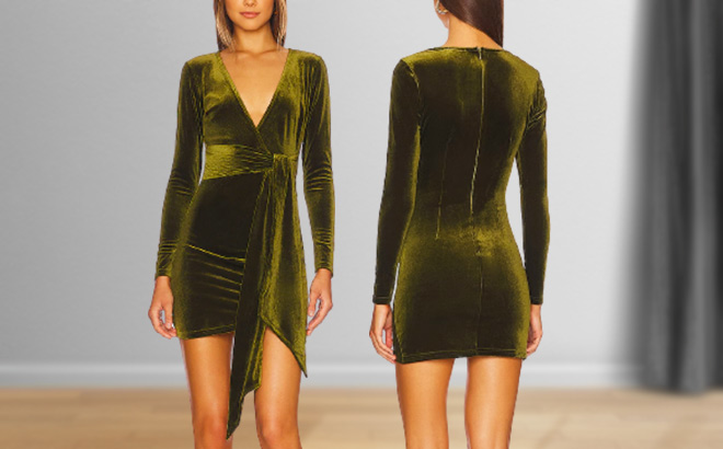 Woman is Wearing a Superdown Jaylin Ruched Mini Dress in Green color