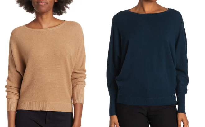 Woman is Wearing a Textured Boatneck Long Sleeve Top in Camel color on the left side and on the right in Dark Teal color