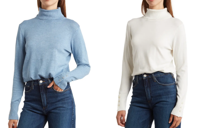 Woman is Wearing a Turtleneck Button Sleeve Pullover Sweater in Denim Heather color on the left side and on the right side in Ivory color