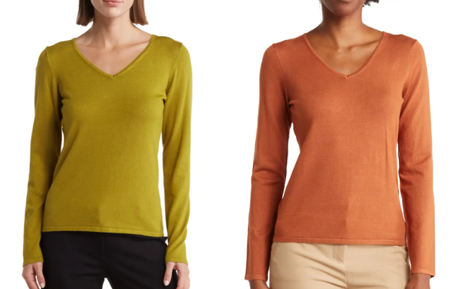 Woman is Wearing a V Neck Knit Sweater in Lowland Heather color on the left side and on the right side Woman is Wearing in Wild Honey color