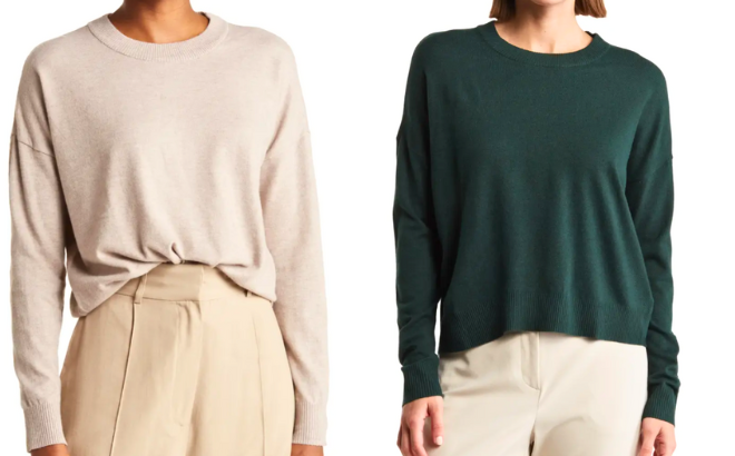 Woman is wearing a Long Sleeve Crewneck Pullover in Pebble Heather color on the left side and on the right side Woman is Wearing in Midnight Forest color