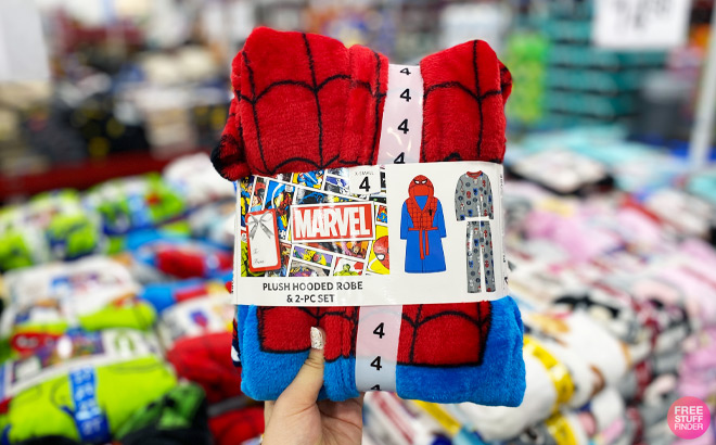 a Woman Holding Marvel Spiderman 3 Piece Robe Pajama Set a Woman Holding Marvel Spiderman 3 Piece Robe Pajama Set