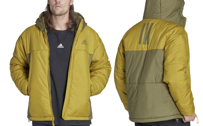 adidas Pulse Focus Olive Color Block Logo Puffer Jacket adidas Pulse Focus Olive Color Block Logo Puffer Jacket