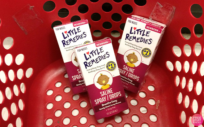 3 Boxes of Little Remedies Saline Spray and Drops on a Cart
