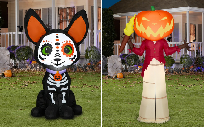 4 Foot Colorful Skeleton Dog and 5 Foot Disney Pumpkin King with Flame Halloween Inflatable