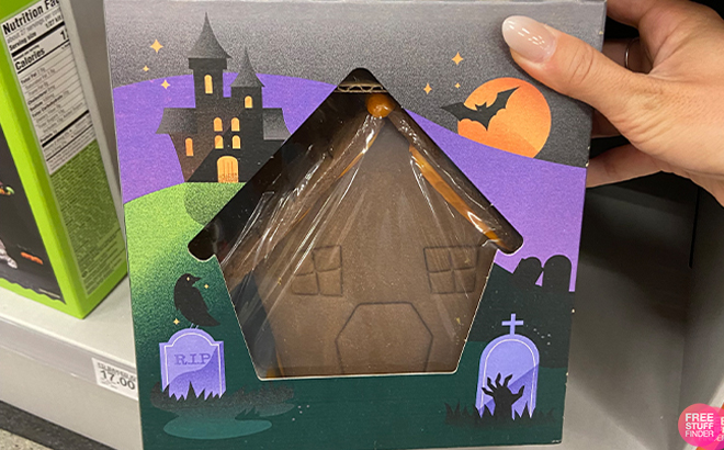 A Hand Holding Favorite Day Halloween Pre Built House Kit Back View