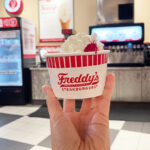 A Person is Holding Freddys Mini Single Topping Sundae