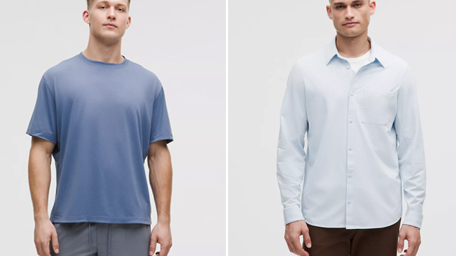 A person wearing a Lululemon Training Short Sleeve Shirt on the left and a person wearing a Lululemon Long Sleeve Shirt Pocket on the right