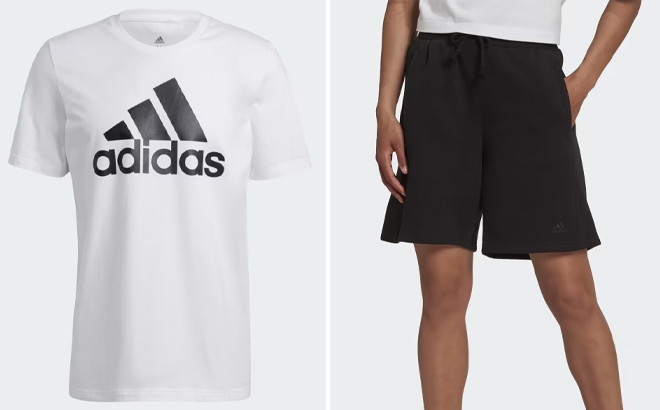 Adidas Mens Essentials Big Logo Tee and Womens Fleece Shorts Adidas Mens Essentials Big Logo Tee and Womens Fleece Shorts