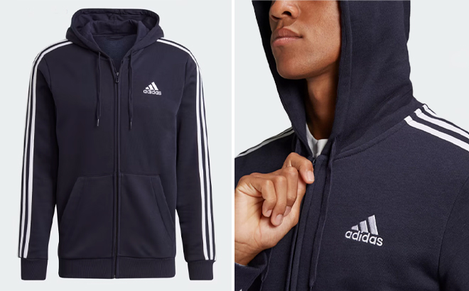 Adidas Mens Essentials Fleece 3 Stripes Full Zip Hoodie Adidas Mens Essentials Fleece 3 Stripes Full Zip Hoodie