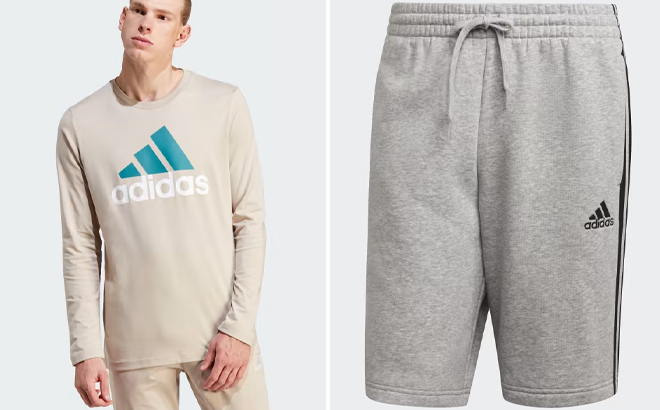 Adidas Mens Essentials Long Sleeve Tee and Fleece 3 Stripes Shorts Adidas Mens Essentials Long Sleeve Tee and Fleece 3 Stripes Shorts