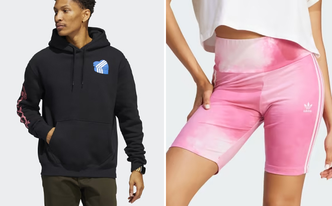 Adidas Mens Heart Box Hoodie and Womens Color Fade Tight Shorts Adidas Mens Heart Box Hoodie and Womens Color Fade Tight Shorts