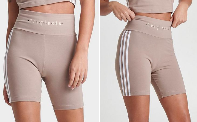 Adidas Womens Adicolor Biker Shorts in Chalky Brown Color