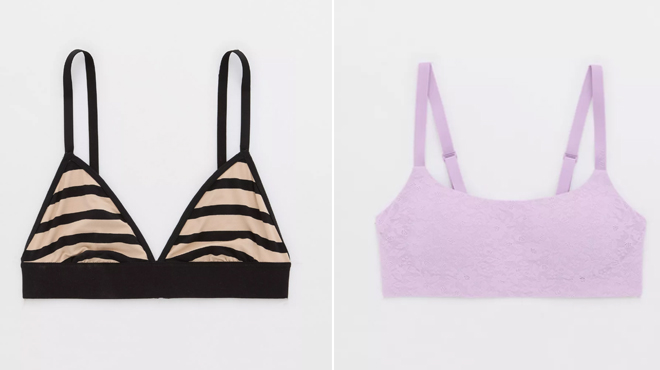 Aerie Modal Triangle Bralette on the left and Aerie Lace Bra ish Wireless Bralette on the right