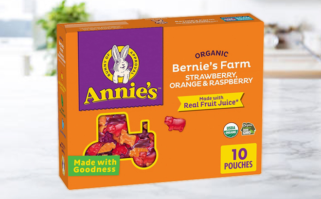 Annies Organic Bernies Farm Fruit Flavored Snacks 10 Pouches on a Kitchen Countertop