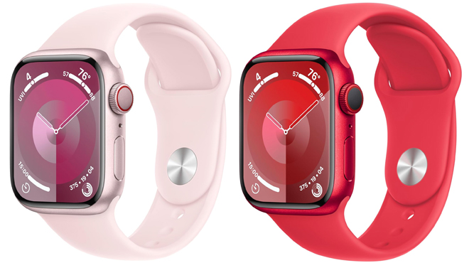 Apple Watch Series 9 in Pink on the Left and Red on the Right