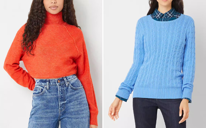 Arizona Juniors Womens Cropped Mock Neck Long Sleeve Pullover Sweater and St Johns Bay Womens Crew Neck Long Sleeve Pullover Sweater Arizona Juniors Womens Cropped Mock Neck Long Sleeve Pullover Sweater and St Johns Bay Womens Crew Neck Long Sleeve Pullover Sweater