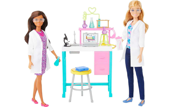 Barbie Science Lab Playset with 2 Dolls on a Plain Background