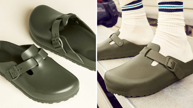 Birkenstock Mens Boston EVA Clog in Faded Khaki on the Left and Feet Wearing Same Item on the Right Birkenstock Mens Boston EVA Clog in Faded Khaki on the Left and Feet Wearing Same Item on the Right