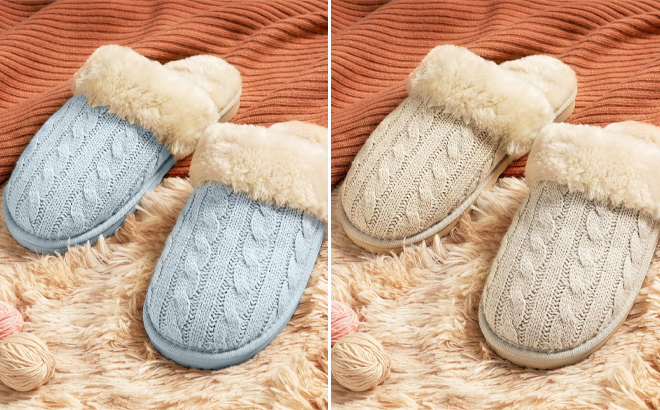 Blue and Beige Womens Faux Fur Slippers Mules Comfy Slippers Blue and Beige Womens Faux Fur Slippers Mules Comfy Slippers