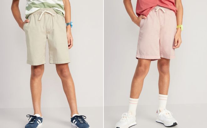 Boy is Wearing Old Navy Built In Flex Straight Twill Jogger Shorts in A Stones Throw and Pink Bamboo color