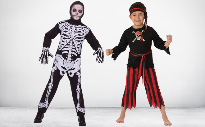 Boys Skeleton and Pirate Halloween Costumes on a Gray Background