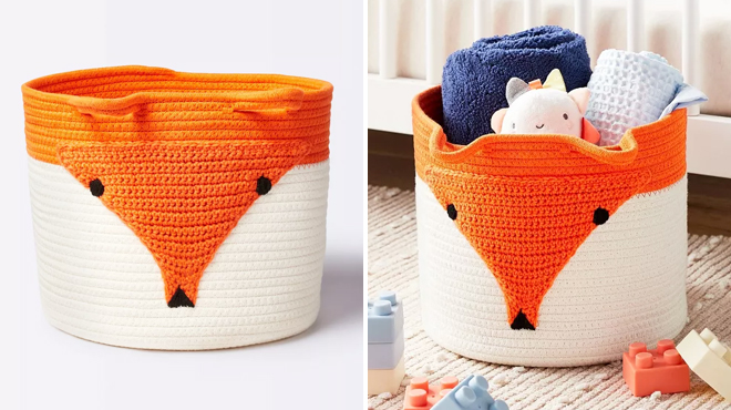 Cloud Island Coiled Rope Storage Bin Large Fox on the Left and Same Item Filled with Toys and Towels on the Right