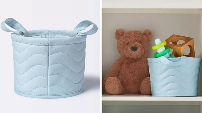 Cloud Island Quilted Fabric Small Round Storage Basket on the Left and Same Item on a Shelf on the Right