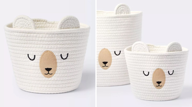 Cloud Island Small Sleepy Bear Rope Round Basket on the Left and Same Item with Large Basket on the Right