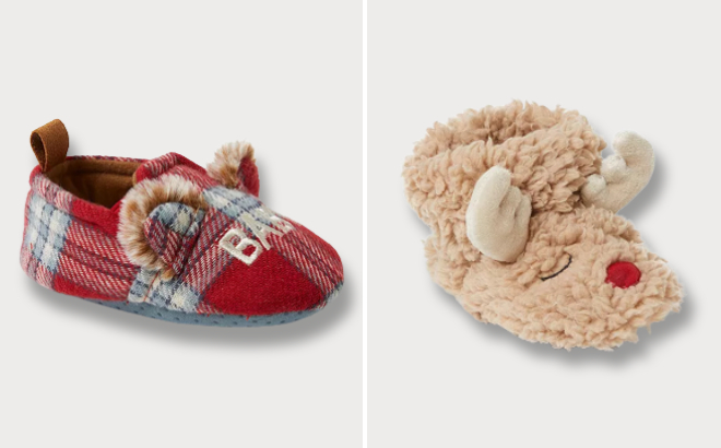 Dearfoams Baby Bear Red Plaid Slippers and Reindeer Bootie Slippers
