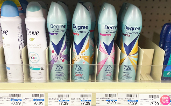 Degree Advanced Dry Spray Deodorant on a Shelf at CVS