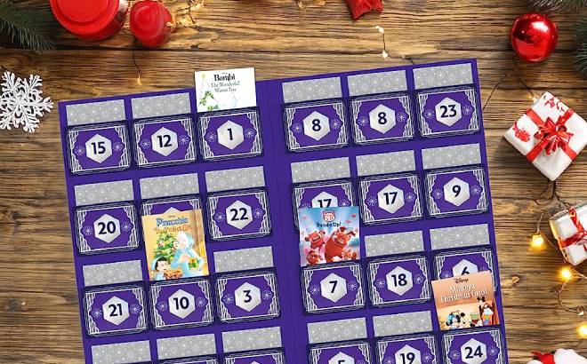 Disney 100 Advent Calendar on a Tabletop with Holiday Decorations Around It