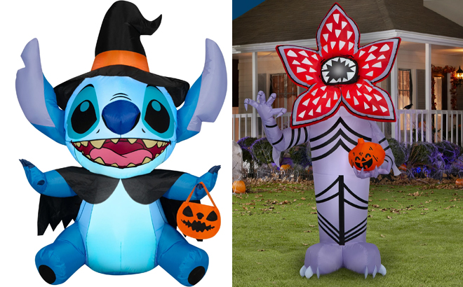 Disney 4 5 Foot Stitch with Witch Costume and 5 Foot Stranger Thing Demigorgon Halloween Inflatable