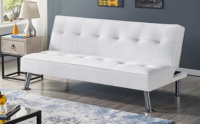 Easyfashion Convertible Faux Leather Futon Sofa Bed in White Color