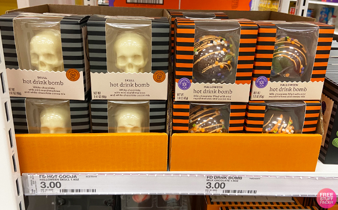 Favorite Day Halloween Skull Hot Cocoa Bomb and Halloween Milk Chocolate Hot Drink Bomb on a Shelf