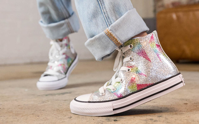 Girl is Wearing Converse Chuck Taylor All Star Prism Glitter in Aqua Soul Color