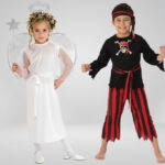 Girls Angel and Boys Pirate Halloween Costumes on a Gray Background