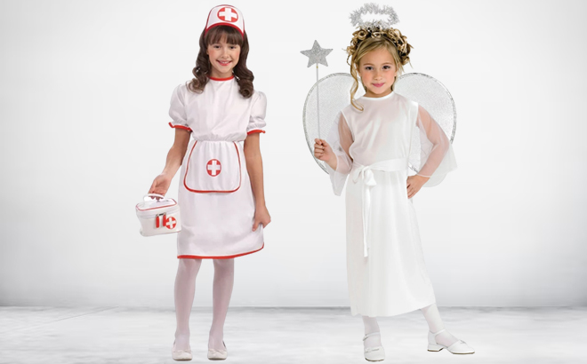 Girls Nurse and Angel Halloween Costumes on a Gray Background