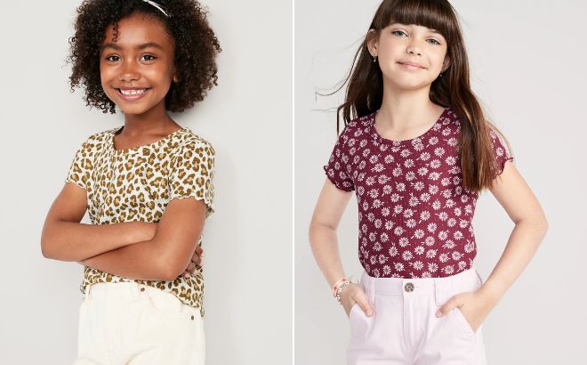Girls are Wearing Old Navy Printed Rib Kint Lettuce Edge T Shirt in Leopard and Noble Garnet Style