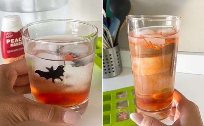 Glasses with Halloween Ice Cube Bat and Spiders