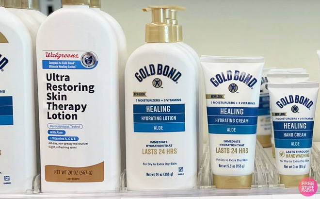 Gold Bond Healing Hydrating Lotion With Aloe Fragrance Free on a Shelf at Walgreens