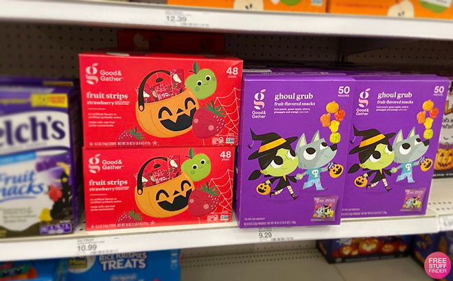 Good Gather Fruit Strips 48 Count and Good Gather Ghoul Grub Fruit Snacks 50 Count at TArget Shelf