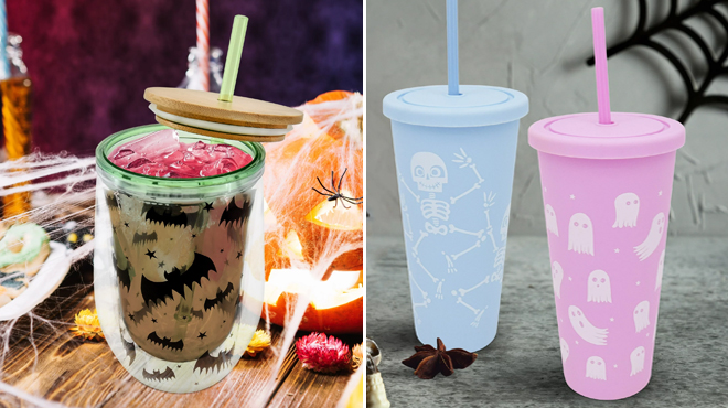 Halloween Bat Double Wall Insulated Tumbler with Bamboo Lid Plastic Straw and Halloween Pink White Ghosts Plastic Tumbler with Lid Straw