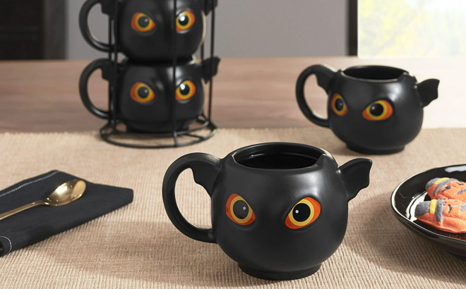 Halloween Black Bat Shaped Glazed Ceramic Stacking Mug Set with Metal Rack on the Table