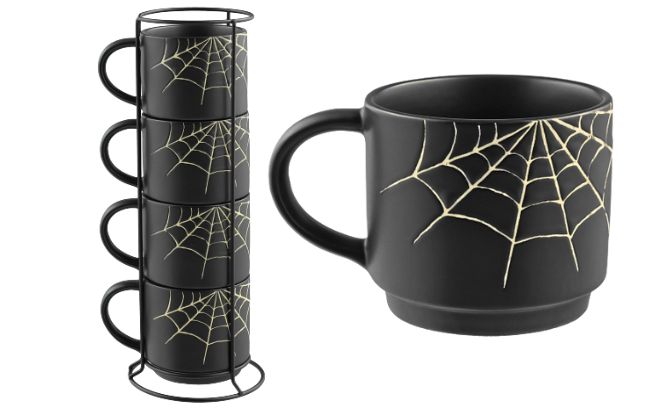Halloween Black Spider Web Glazed Ceramic Stacking Mug Set on a Plain Background
